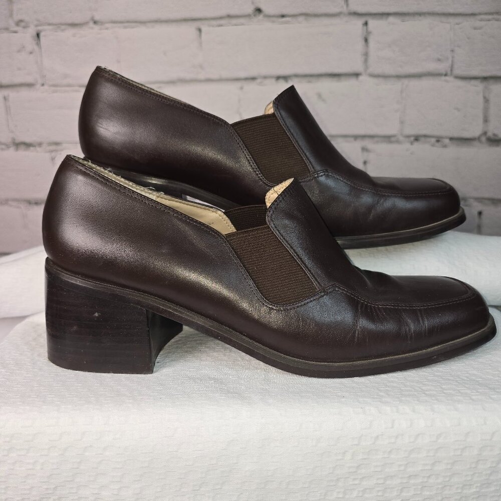 JONES NEW YORK SPORT BROWN LEATHER PUMP BLOCK HEEL SQUARE TOE SIZE 8
